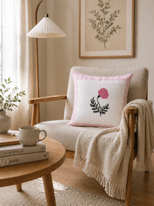Traditional Hand <b>Block</b> Print Cushion Cover White Cotton Pink Flower Pillow Cover for Couch Bedroom and Sofa - Product Image 4