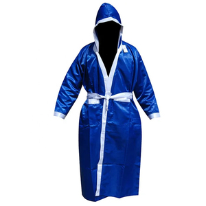 Robe de boxe bleue à capuche en polyester imperméable avec bordure blanche pour homme adulte, coupe ample, marque personnalisée - Product Image 6