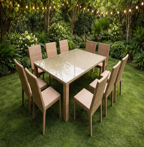 Modern 10 Seater <b>Rattan</b> Dining Table <b>Chairs</b> Set with Tempered Glass Top Waterproof & Foldable <b>for</b> Hotel Courtyard <b>Garden</b> Use - Product Image 1