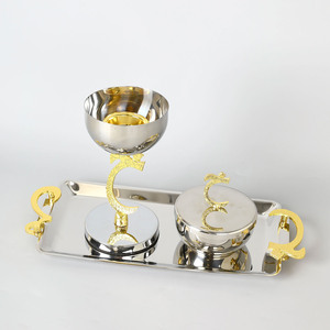 Elegant <b>Silver</b> Incense <b>Burner</b> And Covered Bowl Set With Gold Arabic Calligraphy Accents On Rectangular Tray For Modern Decor - Product Image 5