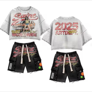 Ensemble T-shirt et short pour homme personnalisé, tendance et élégant, brodé de strass, respirant, 2 pièces - Product Image 1