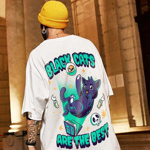 เสื้อยืดโอเวอร์ไซส์ลายแมวดำผู้ชายสไตล์สตรีทโลโก้ด้านหน้าแขนสั้นคอกลมทรงปกติผ้าฝ้าย 100% แห้งเร็ว - Product Image 4