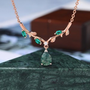 Collar con Colgante de Ágata Musgo Pera, Diseño de Hoja de Esmeralda de Laboratorio con Moissanita, Oro Blanco, Joyería Fina de Lujo para Mujer, OEM ODM - Product Image 4
