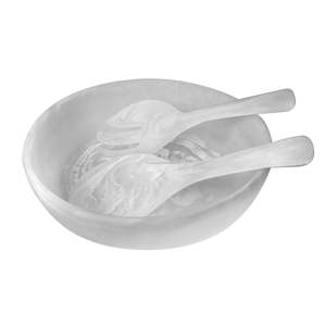 Juego de ensaladera de resina de mármol blanco perla, hecho a mano y de lujo, con cuchara y tenedor a juego, apto para alimentos. - Product Image 1
