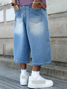 Pantalones Cortos de Mezclilla para Hombre, 100% Algodón, con Pedrería, Lavado Ácido, Estilo Urbano Holgado, Hip Hop, Largos hasta la Rodilla, Verano, Personalizados - Product Image 6