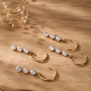 Moissanite Bridal Drop Hoop Earring 10K 14K 18K Solid Gold Round Lab Grown Diamond Hoop Dangle Earrings Fine <b>Three</b> Stone Jewelry - Product Image 1
