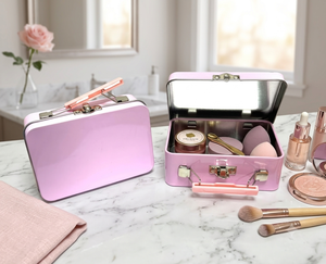 Caja rectangular rosa de hojalata con asa para brillo labial, almacenamiento de cosméticos, caja metálica con tapa abatible y asa, caja vacía. - Product Image 1