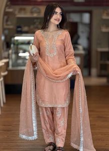 Women's Traditional Silk Salwar Kameez Beautiful Embroidery Heavy Beads Work Knee-Length Party Suit <b>Set</b> Indian Pakistani - Product Image 4