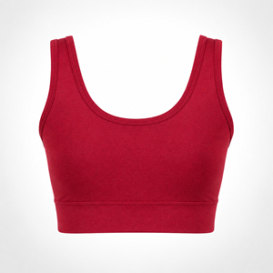 Sujetador deportivo rojo liso con cuello redondo y costuras, personalizado y a la moda para mujer, top de fitness con tirantes fijos para uso diario. - Product Image 4