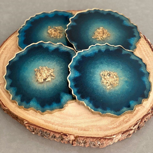 Teal Geode <b>Resin</b> Coasters Set With Luxury Gold Leaf Edges Modern Agate Style <b>Epoxy</b> Drink Coasters For Home Decor & Housewarming - Product Image 1