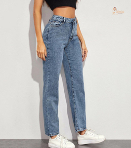 Jeans Mom de Mujer al por Mayor, Personalizados, de Tiro Medio, Estilo Japonés, Rectos, Transpirables, con Diseño de Puntos Desgastados - Product Image 1