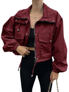 Vêtements de sport TRAMA pour femmes, débardeurs à fermeture éclair rouge vin, col montant, poches, manches longues, respirant, coupe-vent, polyester - Product Image 1