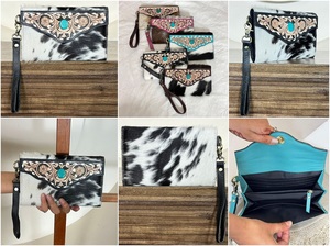 New Arrival Genuine Cowhide Fur Leather Clutch Wallet Luxury Turquoise Concho Hand Tooled Floral <b>Wristlet</b> Purses For Women's - Product Image 3