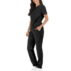 Conjunto de Uniforme Médico para Mujer, Color Negro, Manga Corta, Cuello en V, con Bolsillos, Mezcla de Algodón y Poliéster - Product Image 2