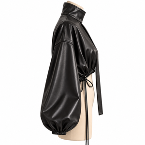 Women PU <b>Leather</b> Blouson Jacket Stand Collar Lantern Sleeve Lace Up Closure <b>Short</b> Length Autumn Style - Product Image 3