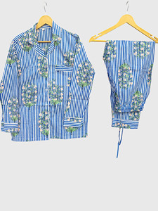 Conjunto de Pijama Floral a Rayas Azules para Mujer, Camiseta de Manga Larga, Pantalones Largos, Ropa de Dormir de Algodón y Lino - Product Image 3