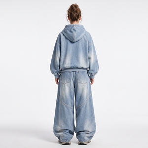 <b>Womens</b> Light Blue Denim Hoodie Tracksuit Set Oversized Pullover Washed Wide Leg <b>Baggy</b> <b>Jeans</b> Custom Wholesale Manufacturer - Product Image 2