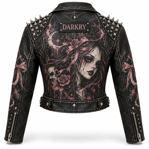 Chaqueta de cuero negra con cremallera asimétrica para mujer, estilo gótico rosa con estampado de retrato, cuello con tachuelas, abrigo de motociclista, proveedor de pedidos personalizados - Product Image 2