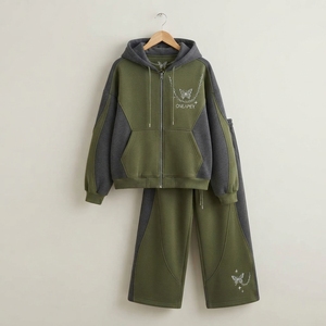 Women's Olive Green <b>Charcoal</b> Zip Hoodie Tracksuit Set Butterfly Print Color Oversized <b>Jogger</b> Pants - Product Image 1