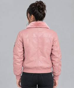 Pink Genuine Leather Winter Solid Woven Jacket for <b>Women</b> <b>Sherpa</b> Lined Bomber <b>Coat</b> Zip up Collar Casual Wear - Product Image 2