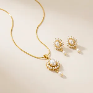 Handmade Gold Plated Imitation <b>Pearl</b> Necklace Earring Pendant <b>Set</b> Vintage Floral Design Indian Women's Trendy Wedding <b>Jewelry</b> - Product Image 2