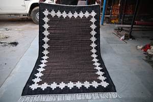 Alfombra Tejida a Mano de Lana y Algodón, Lavable, Hecha a Mano, con Borde Geométrico Negro y Marrón, Tejido Plano, Reversible, para Uso Doméstico - Product Image 6