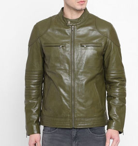 Genuine <b>Leather</b> <b>Jacket</b> <b>Men</b> <b>Brown</b> Front Zipper Crew Neck Vintage Classic Slim Fit Casual Outerwear Waterproof Breathable - Product Image 1