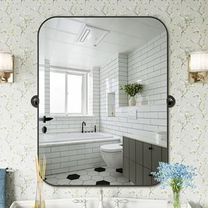 36 \ "X 24 \" elegante specchio da bagno in ferro nero arrotondato rettangolare con specchietto decorativo smerlato a specchio rotante - Product Image 4