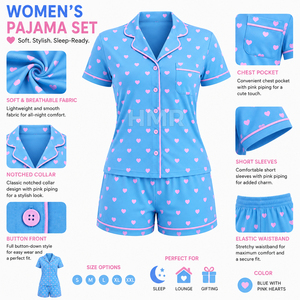 Ensemble de pyjama à manches courtes avec imprimé cœur bleu HMR Sisterhood Sorority, 2 pièces, vêtements de nuit en coton, pyjama décontracté d'été - Product Image 6