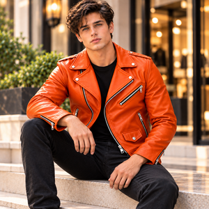 Blouson Moto en Cuir Orange Véritable Cuir de Vachette Coupe Slim Style Vintage Punk Rock Tendance avec Fermeture Éclair Nouveau - Product Image 6