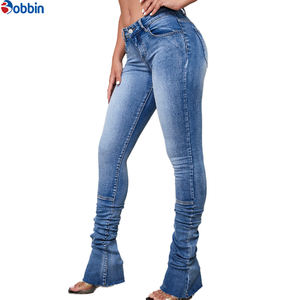 Jean décontracté pour femme, taille haute, en denim bleu délavé, extensible, coupe skinny, personnalisé, évasé et empilé, grandes tailles - Product Image 5