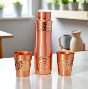 Ensemble de bouteilles d'eau en cuivre pur, gourde à double paroi à motif martelé, avec 2 verres et couvercle anti-fuite sans joint - Product Image 6