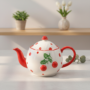 Tetera de Porcelana Fina de Primera Calidad 3460983A-1.0, Nueva, con Estampado de Flor de Poinsettia y Punto Rojo, 1000 ml - Product Image 1