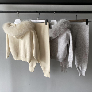 <b>Women</b> Pink Hooded Knit <b>Sweatsuit</b> Set With Fur Collar Casual Winter Outfit Loose Fit Full Sleeve Solid Color Pants Side Pockets - Product Image 6