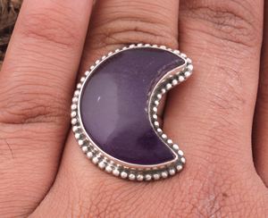 Anillo de Plata de Ley 925 de Lujo con Amatista Natural y Jade, Anillo de Luna Hecho a Mano con Puntos, Anillo Vintage para Mujer, Regalo, Joyería Fina Vintage - Product Image 3