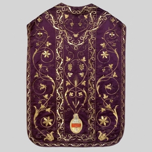 Casulla de terciopelo morado hecha a mano con bordado de hilo dorado ornamentado - Vestimenta clerical católica para la Misa - Product Image 1