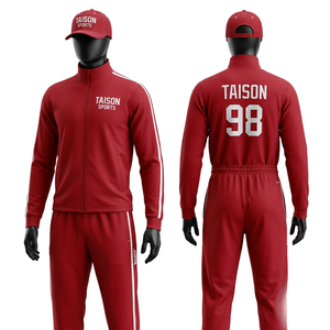 Premium 280 GSM Polyester Fleece Ice Hockey Tracksuit Red <b>White</b> Side Panel Embroidered Logo Set - Product Image 1