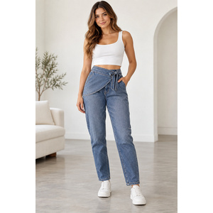 Jean en denim fuselé à taille haute pour femme, coupe tulipe, devant croisé, bleu ardoise, jambe droite, délavage moyen, taille XL - Product Image 5