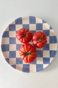 Round Ceramic <b>Plate</b> With Blue Checkered Pattern Handpainted <b>Decorative</b> Dish Retro Design - Product Image 1