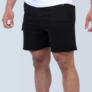 Shorts Bermuda en coton noir pour homme avec poches, taille mi-haute, fermeture élastique, style décontracté, couleur unie, tissu tissé - Product Image 6