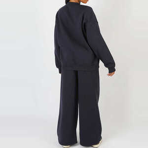 Women <b>Plus</b> <b>Size</b> Navy Blue Cotton Tracksuit Set Crew Neck <b>Sweater</b> Wide Leg Pants Loose Fit Casual Autumn Wear Full Length - Product Image 3
