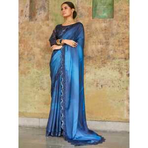 Sari de fiesta de satén bordado azul atractivo con blusa - Product Image 1