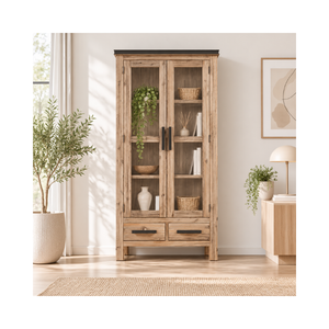 Armoire de salon ATLAS Collection Tall en bois d'acacia avec portes vitrées, deux tiroirs et étagères de présentation spacieuses - Product Image 1