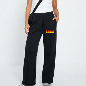 Pantalon de survêtement droit 100 % coton noir pour femme, taille haute, coupe ample, en molleton bouclette doux avec cordon de serrage - Product Image 1