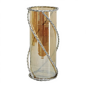 Tall Amber Glass Cylinder Vase with Twisted <b>Silver</b> <b>Wire</b> Spiral Frame - Decorative Modern Floral Centerpiece Bud Vase - Product Image 1