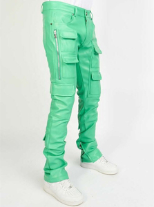 Pantalon cargo en cuir PU vert pour homme, taille haute, coupe droite, plusieurs poches, style streetwear, vêtements d'été - Product Image 5
