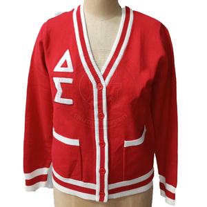 Cardigan grec vintage en chenille rouge et blanc cassé, col en V, décontracté, en laine/acrylique, broderie unie, pour l'hiver, personnalisé pour la sororité Delta - Product Image 2
