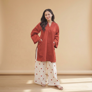 Kurti couleur rouille avec pantalon palazzo imprimé cœur, coupe ample, longueur midi, tenue décontractée indienne et pakistanaise, toutes saisons - Product Image 1