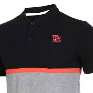 Polo de manga corta para hombre en negro y gris con bloques de color y logotipo rojo bordado, estilo casual de punto. - Product Image 3