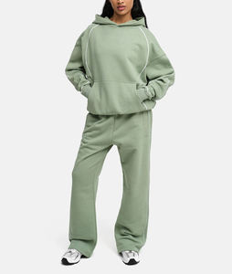 Vente en gros OEM – Sweat à capuche et sweat-shirt personnalisés pour femme en molleton de coton, coupe décontractée avec épaules tombantes et poche frontale, passepoil blanc contrastant - Product Image 6